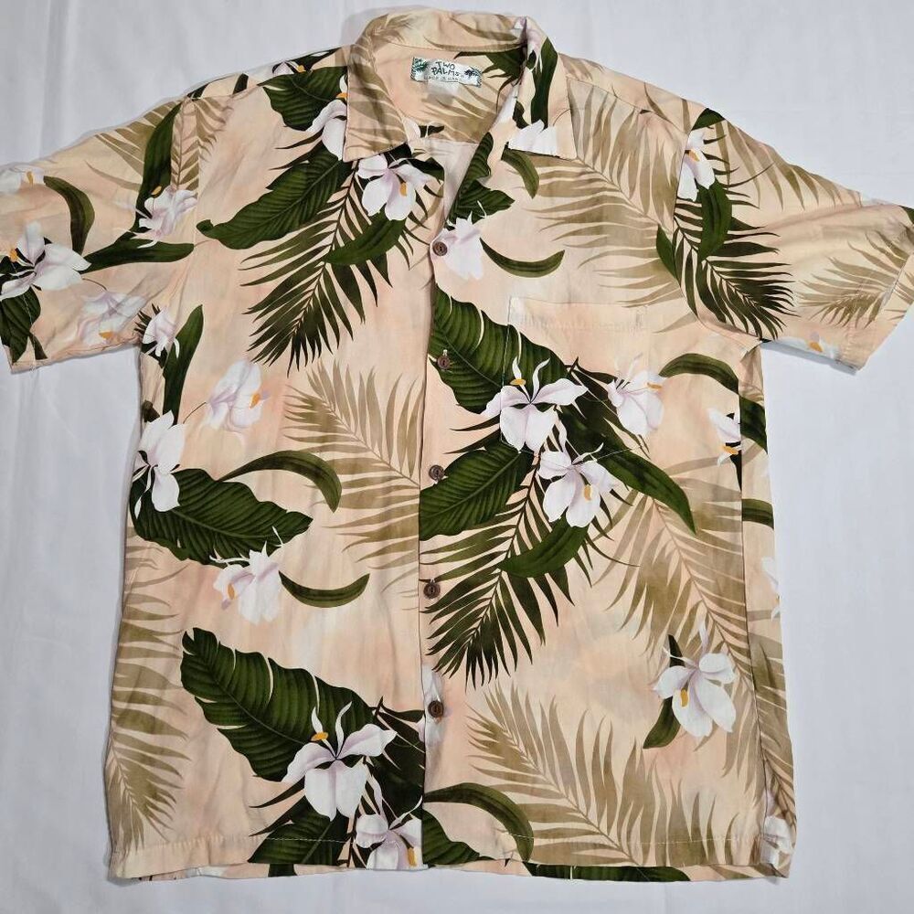 TWO PALMS VINTAGE CREAM GREEN WHITE GINGER LILY HAWAIIAN SHIRT MENS SIZE MEDIUM